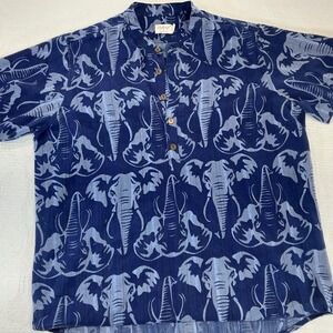 Lakhays Mens Blue Elephant Print Mandarin Collar Short Sleeve Henley Shirt L